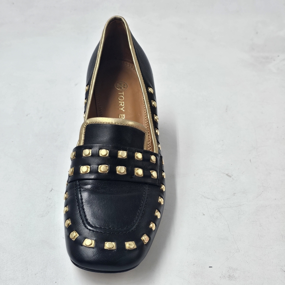 Tory Burch Studded Block Heel Loafer Pump Black Gold Leather Left Shoe 6.5 US - Picture 9 of 11